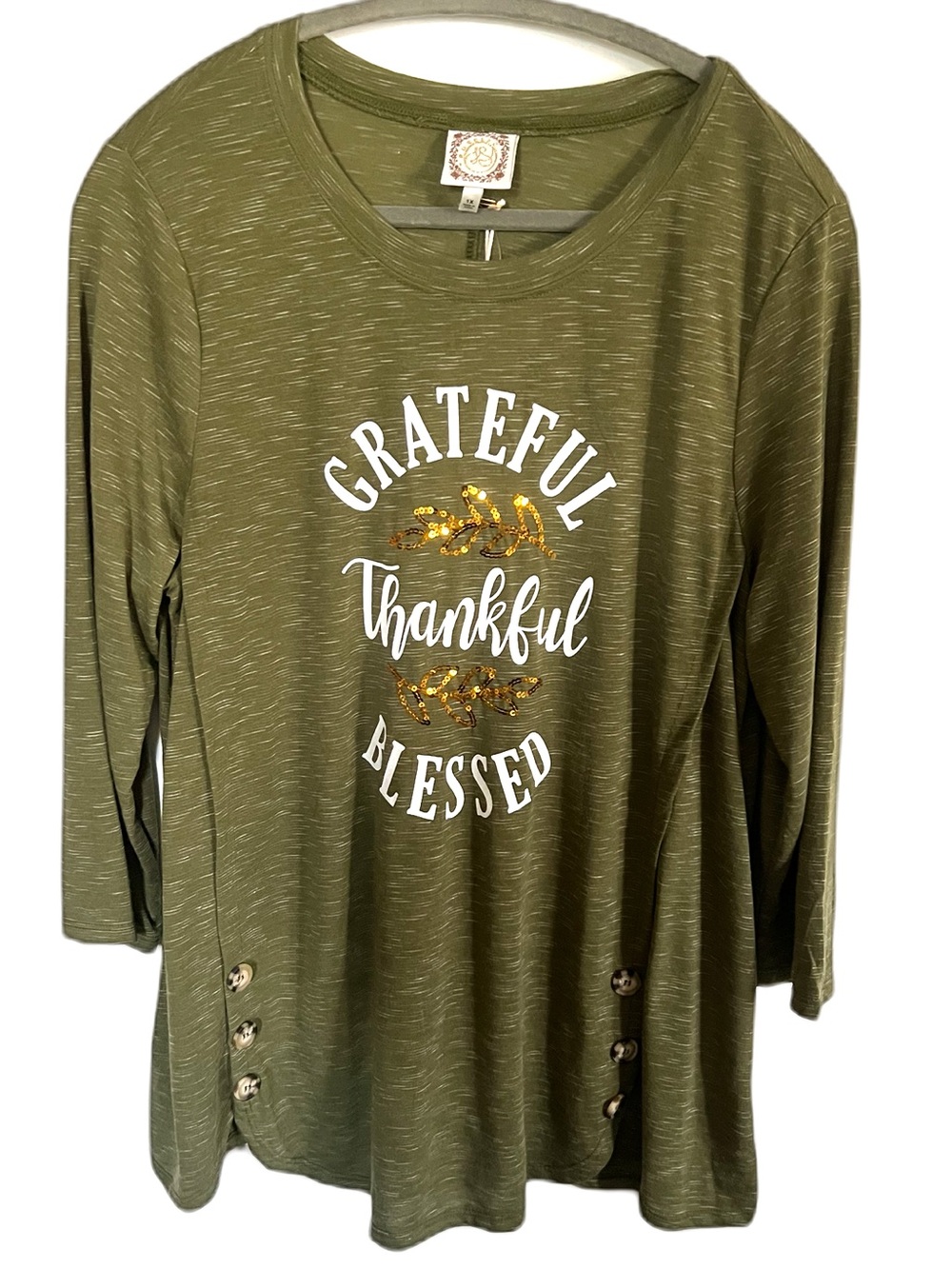BiBi Olive Green Grateful Thankful Blessed Long Sleeve Tee Gold Sequin Leaves